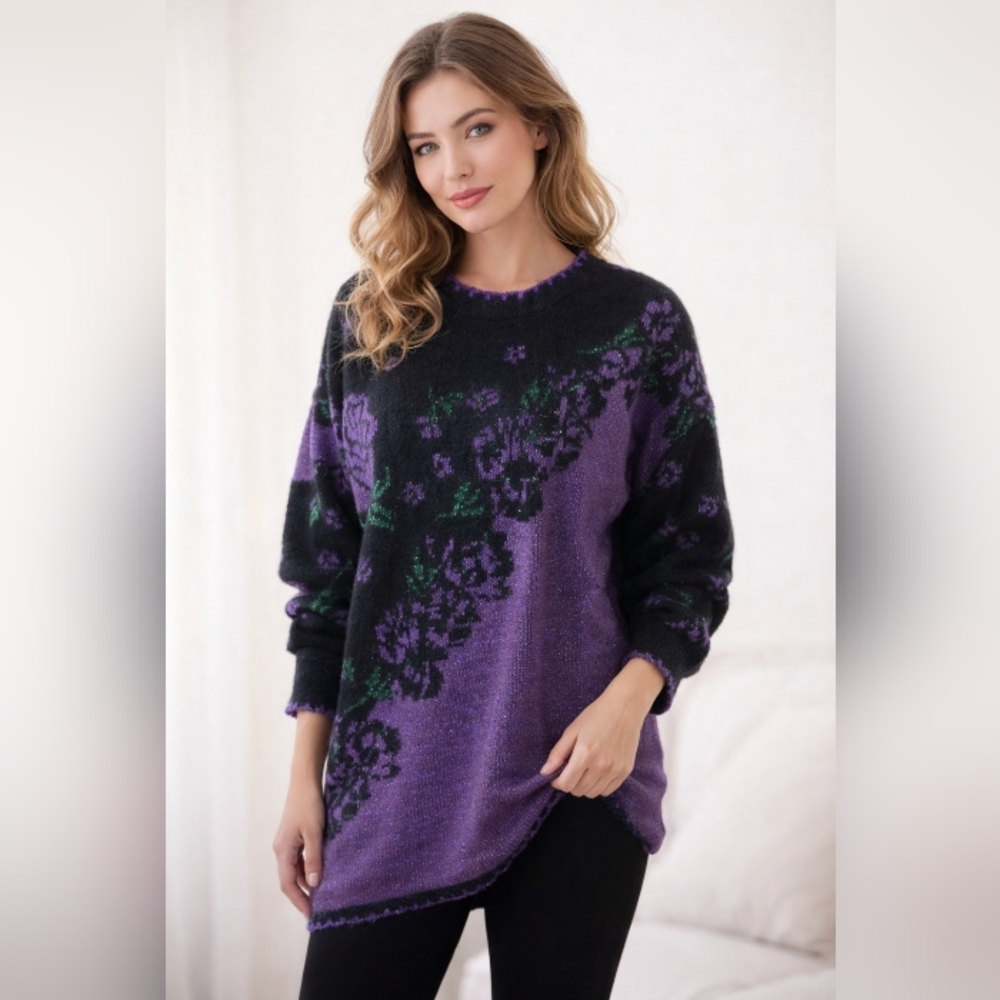 Vintage Nutcracker Rose Knit Sweater Purple Black Floral 1X